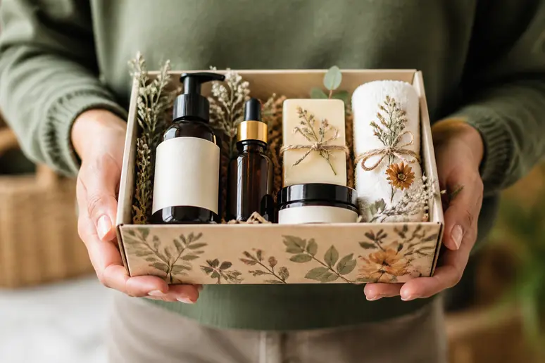 Mains tenant un coffret de Noël pour femme avec des soins cosmétiques naturels et bio