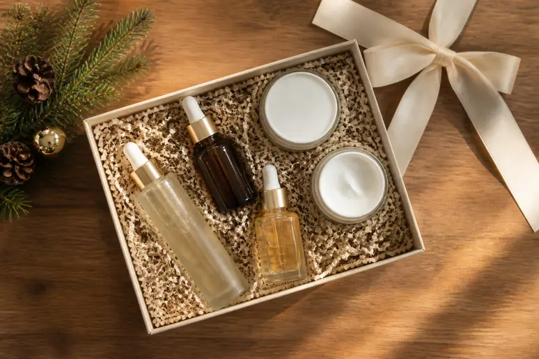 Coffret cadeau de beauté ouvert présentant une routine complète de soins pour le visage