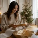 Une femme tenant un élégant coffret de beauté près d'un sapin de Noël pour savoir comment bien choisir un coffret de Noël pour femme
