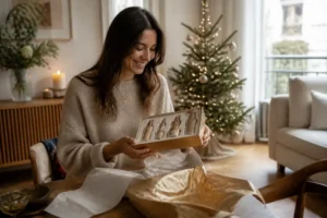 Une femme tenant un élégant coffret de beauté près d'un sapin de Noël pour savoir comment bien choisir un coffret de Noël pour femme