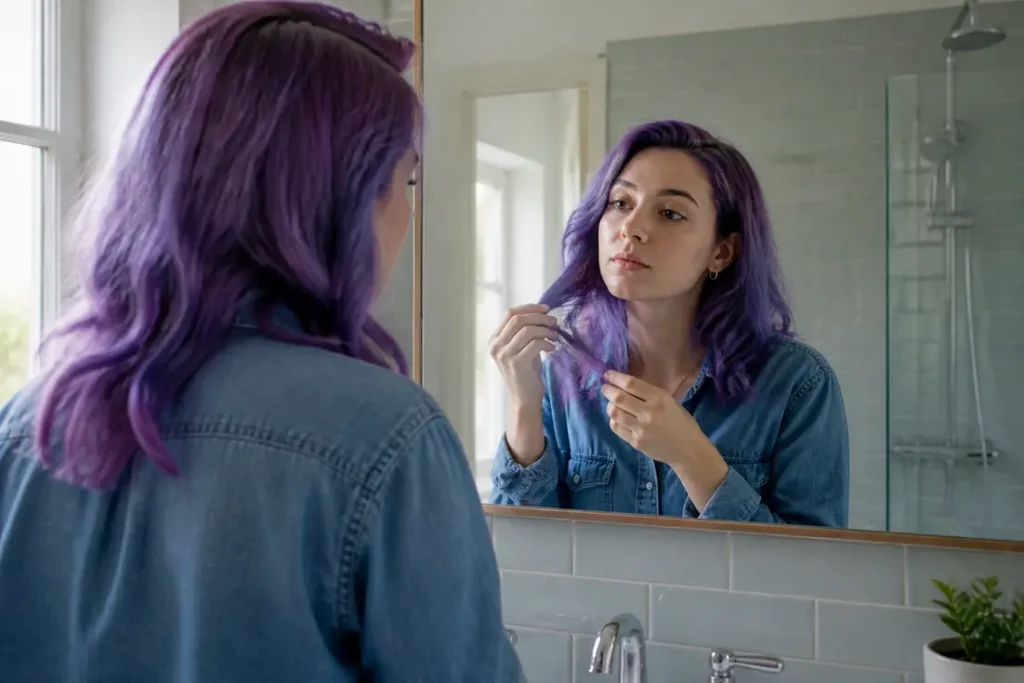 Jeune femme examinant ses cheveux après une coloration cheveux violet dans une salle de bains lumineuse
