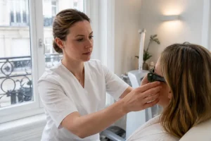 Une praticienne prépare son matériel dans un salon lumineux pour un détatouage sourcil ray studios avis