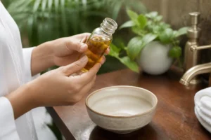 Flacon d'huile amla cheveux posé sur une table en bois avec un bol en céramique