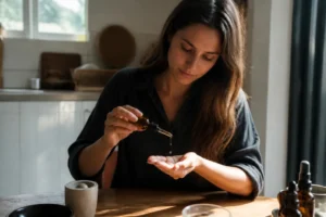 Femme versant de l'huile d'amande douce cheveux dans sa main dans une cuisine lumineuse