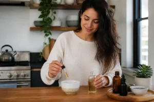 Femme préparant un soin capillaire avec une application huile de ricin cheveux dans sa cuisine