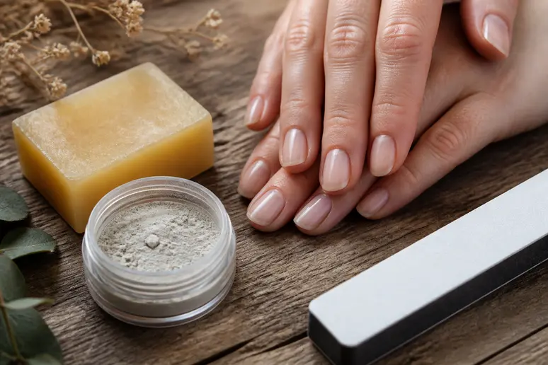 Ingrédients naturels et accessoires utilisés pour le rituel de soin traditionnel des ongles.