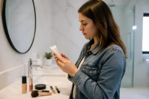 Jeune femme vérifiant la PAO sur un maquillage pas cher ventes privées