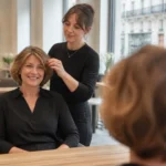 Femme souriante dans un salon de coiffure pour un relooking coiffure femme 50 ans réussi.