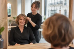 Femme souriante dans un salon de coiffure pour un relooking coiffure femme 50 ans réussi.
