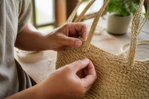 Gros plan sur des mains inspectant minutieusement les finitions d'un sac raphia qualité pour vérifier la solidité du tressage.