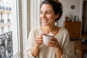 Femme souriante avec une belle peau lumineuse tenant une tasse près d'une fenêtre pour illustrer le visage avant après arrêt tabac.