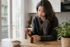 Femme préparant ses compléments alimentaires pour sublimer ses cheveux avec la vitamine b et cheveux